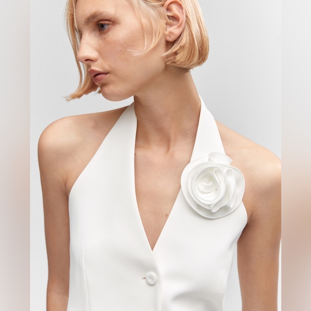 Mango White Vest Floral Applique Halter Bridal Rosette Suit Crop Top Medium - Picture 10 of 16